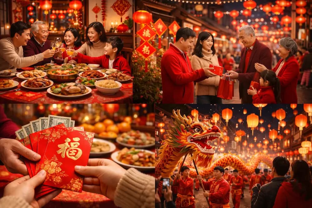 Red lanterns and festive decorations during the Chinese New Year Spring Festival (春节)